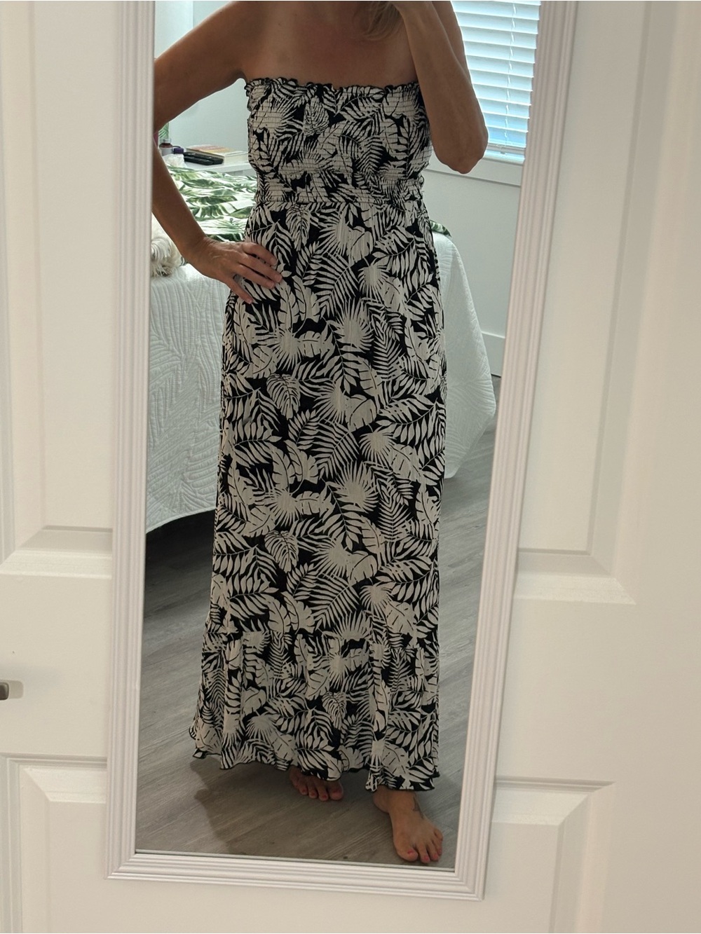 Timing Black and White Strapless Tropical Maxi Dress